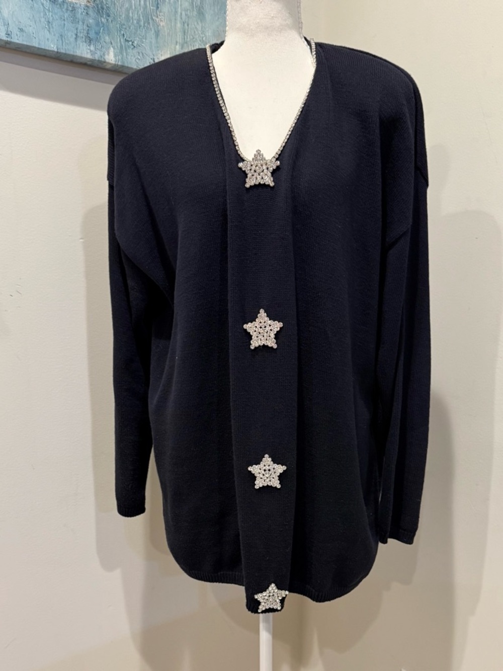 Vintage Statement Black V-Neck Cardigan with Star Rhinestone Buttons Size XL